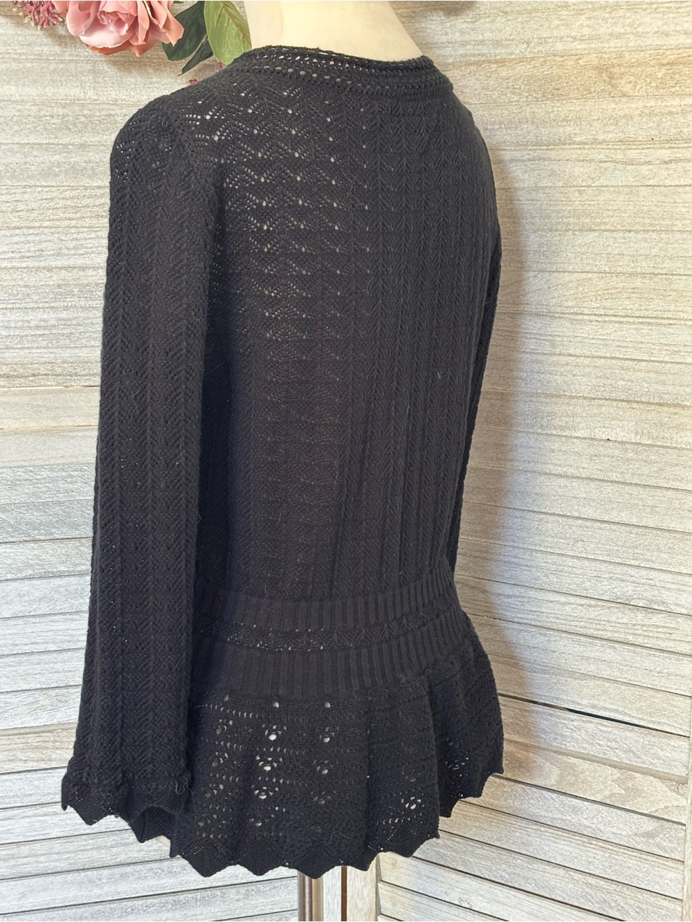 Y2K Vintage EXPRESS Black Crochet Knit Cardigan w/ Crochet Peplum, Women’s SZ LG - Picture 10 of 16